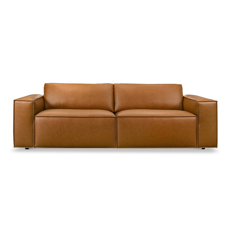 Pemberly Row Mid-Century Wide Armrest Comfortable Leather Sofa in Cognac Tan