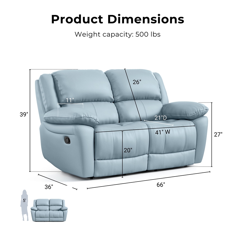 Pemberly Row Transitional Blue Leather Match Manual Reclining Loveseat