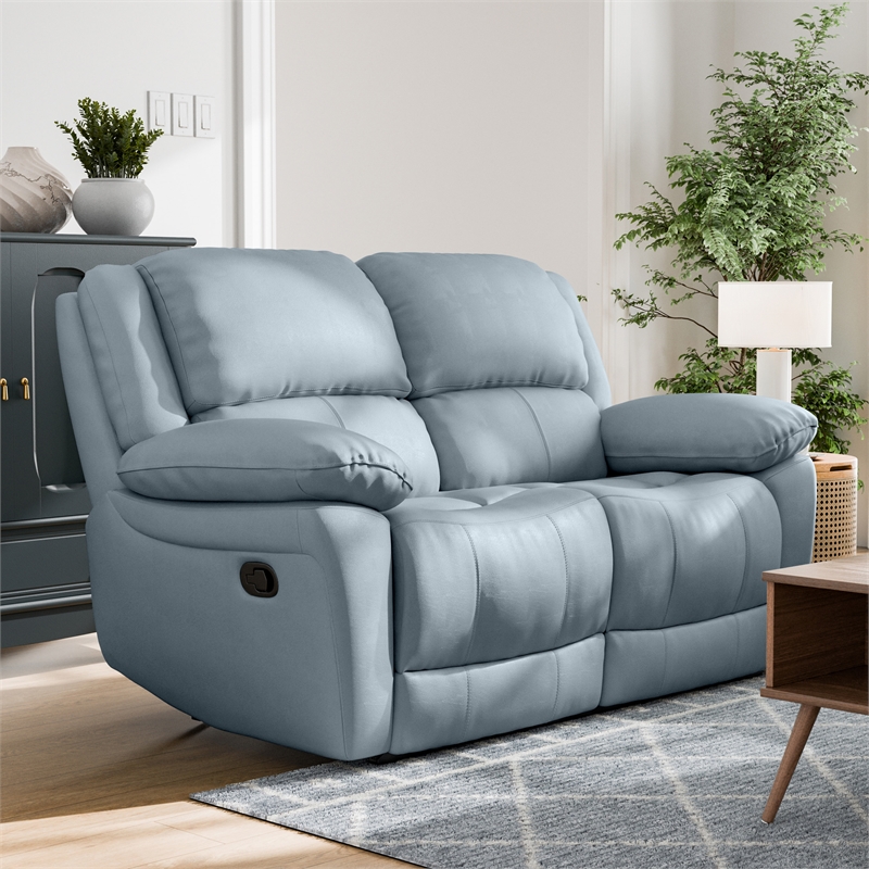 Pemberly Row Transitional Blue Leather Match Manual Reclining Loveseat