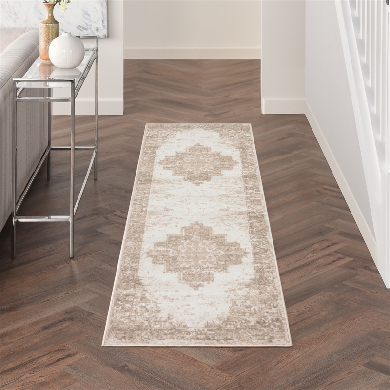Pemberly Row Transitional Home 10' Runner Fabric Ivory Beige Area Rug