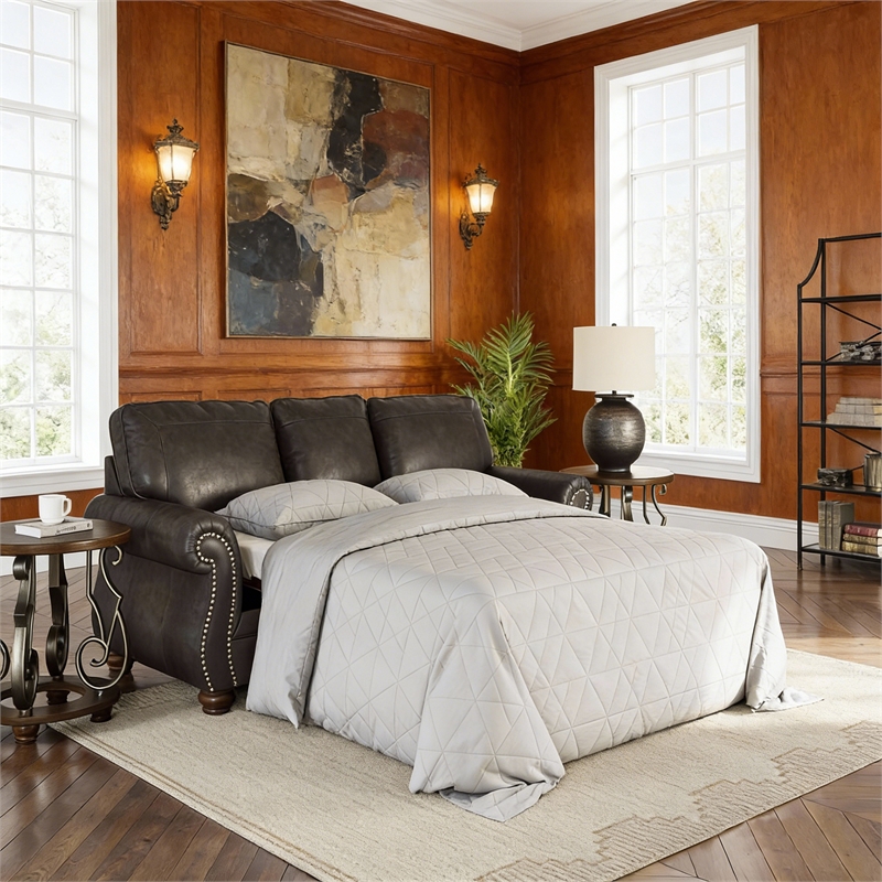 Pemberly Row Traditional Faux Leather Dark Gray Queen Sofa Sleeper