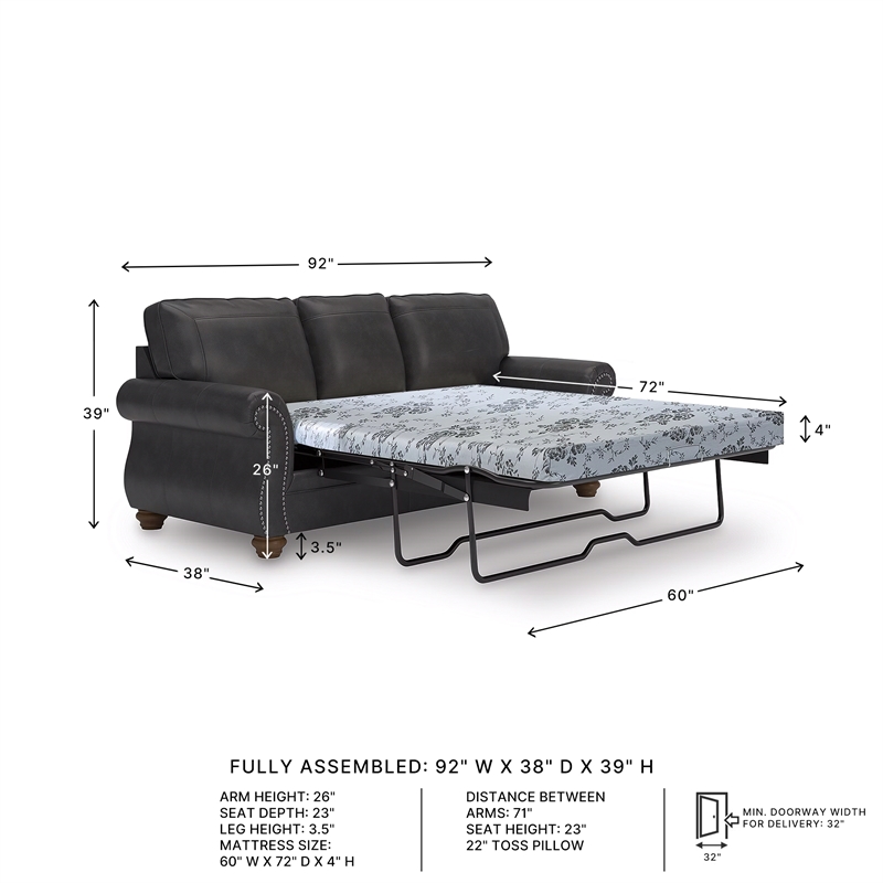 Pemberly Row Traditional Faux Leather Dark Gray Queen Sofa Sleeper