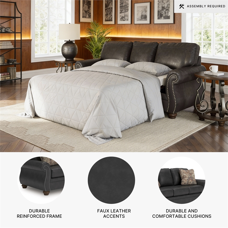 Pemberly Row Traditional Faux Leather Dark Gray Queen Sofa Sleeper