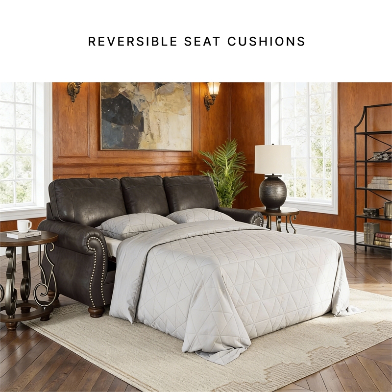 Pemberly Row Traditional Faux Leather Dark Gray Queen Sofa Sleeper