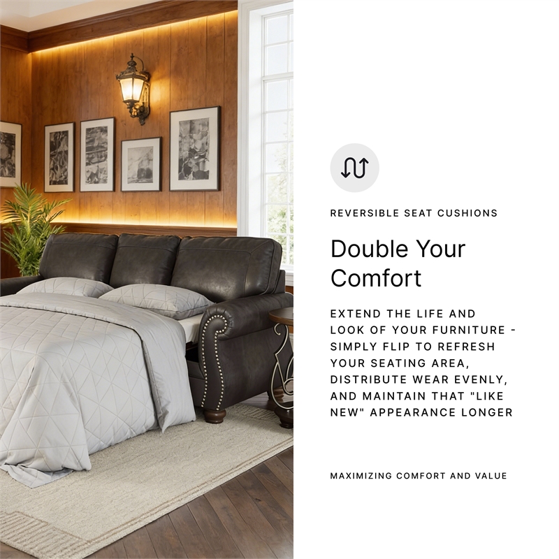 Pemberly Row Traditional Faux Leather Dark Gray Queen Sofa Sleeper