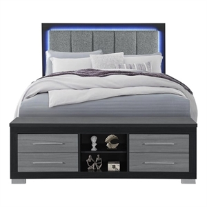 Pemberly Row Modern Black-Gray Wood Queen Bed with LED and USB