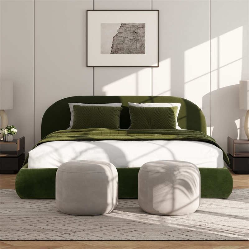 Pemberly Row Puffy Grounded Upholstered Platform Bed in Green Performance Velvet