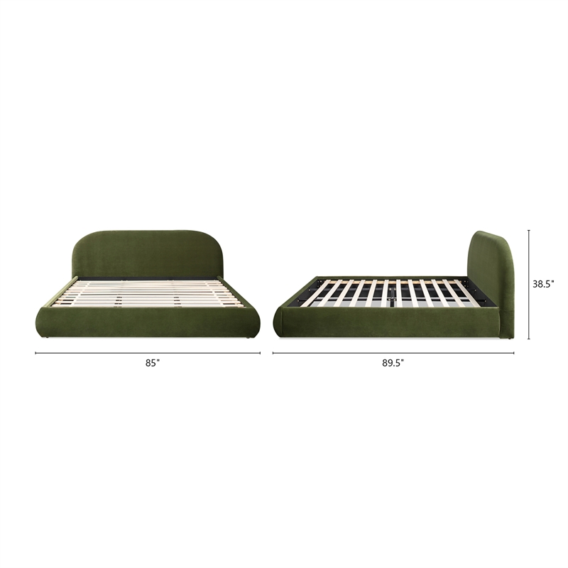 Pemberly Row Puffy Grounded Upholstered Platform Bed in Green Performance Velvet