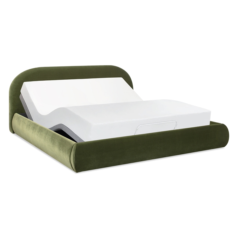 Pemberly Row Puffy Grounded Upholstered Platform Bed in Green Performance Velvet