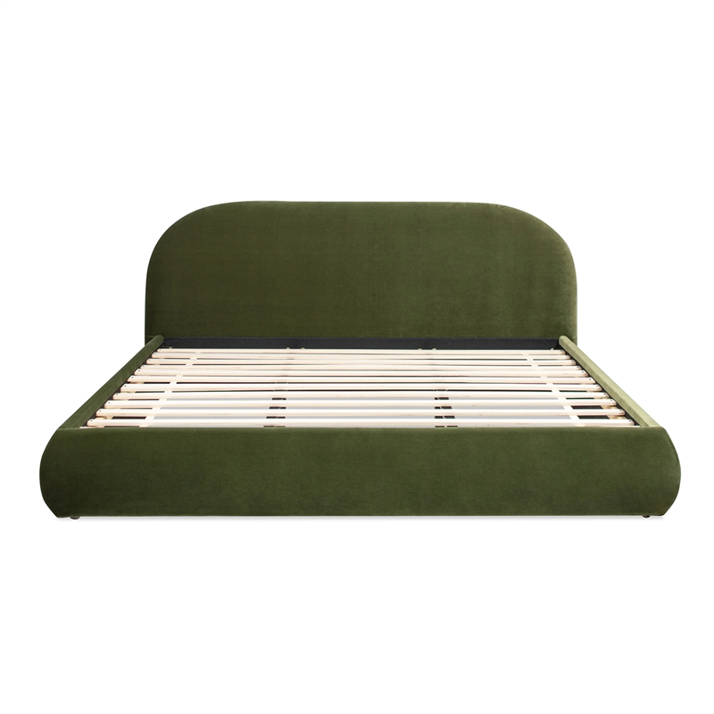 Pemberly Row Puffy Grounded Upholstered Platform Bed in Green Performance Velvet