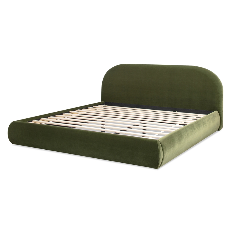Pemberly Row Puffy Grounded Upholstered Platform Bed in Green Performance Velvet