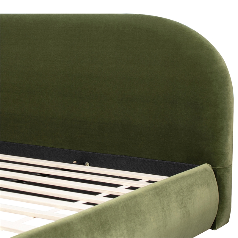 Pemberly Row Puffy Grounded Upholstered Platform Bed in Green Performance Velvet