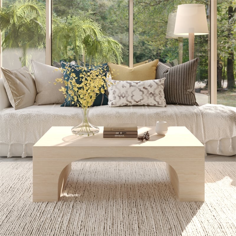Pemberly Row Contemporary Natural Coffee Table in Travertine Stone