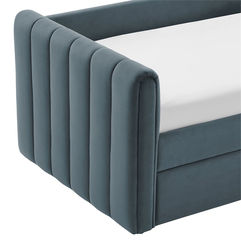 Pemberly Row Channel Tufted Performance Velvet Twin Daybed With Trundle in Blue