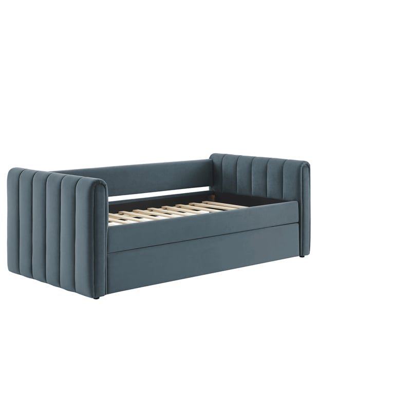Pemberly Row Channel Tufted Performance Velvet Twin Daybed With Trundle in Blue
