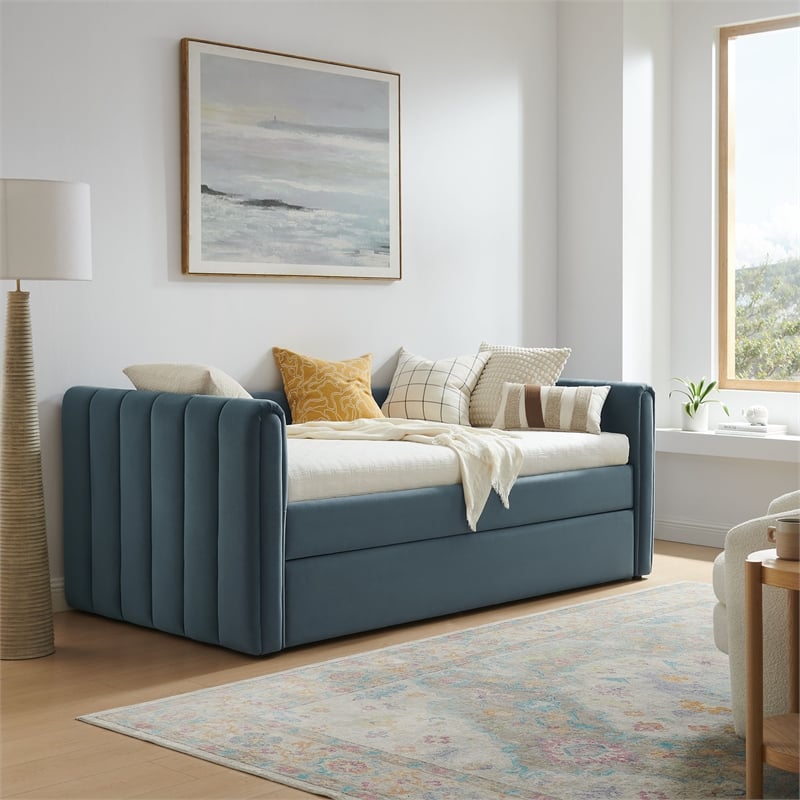 Pemberly Row Channel Tufted Performance Velvet Twin Daybed With Trundle in Blue