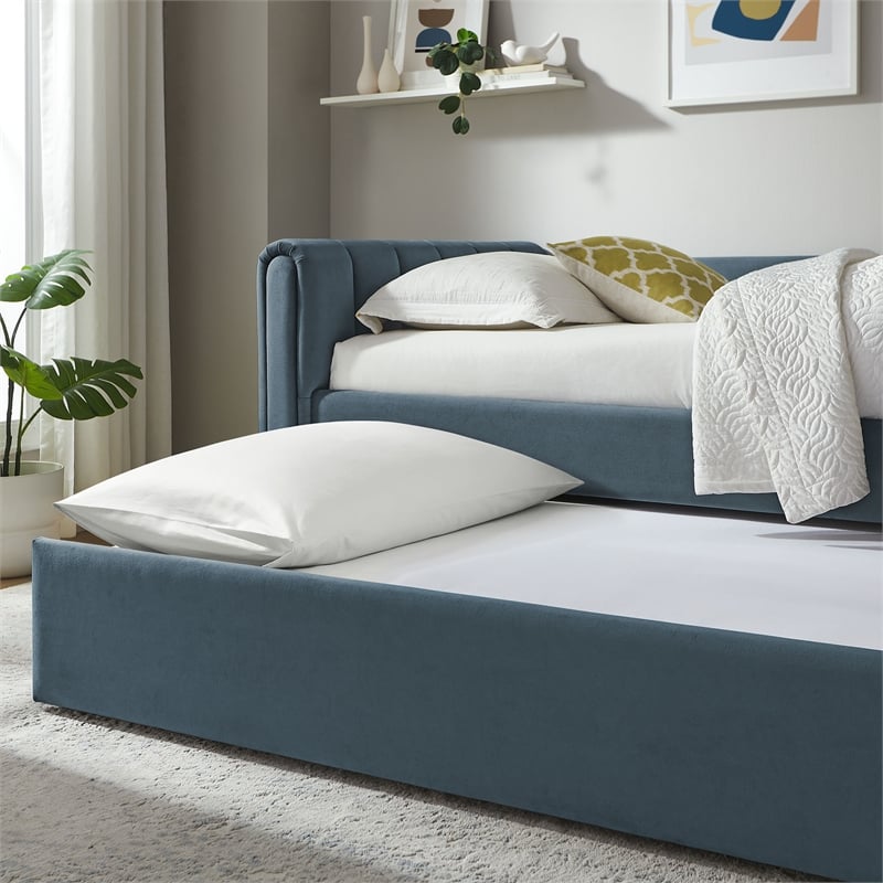 Pemberly Row Channel Tufted Performance Velvet Twin Daybed With Trundle in Blue