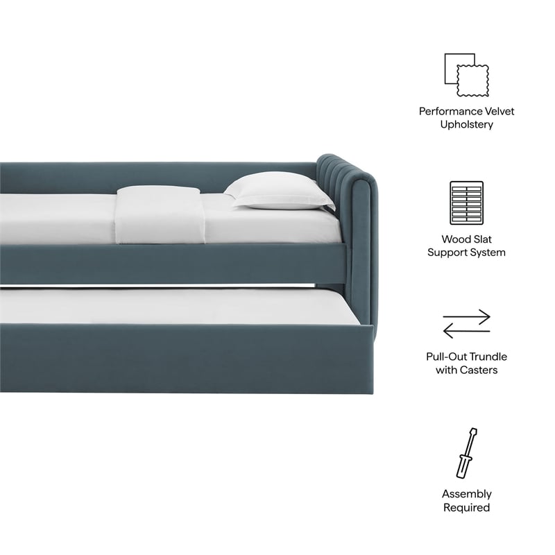 Pemberly Row Channel Tufted Performance Velvet Twin Daybed With Trundle in Blue