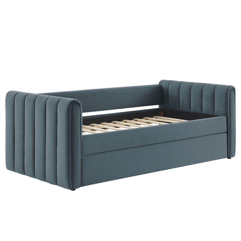 Pemberly Row Channel Tufted Performance Velvet Twin Daybed With Trundle in Blue