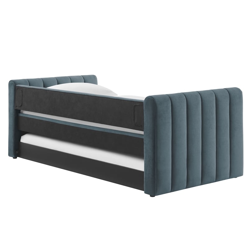 Pemberly Row Channel Tufted Performance Velvet Twin Daybed With Trundle in Blue
