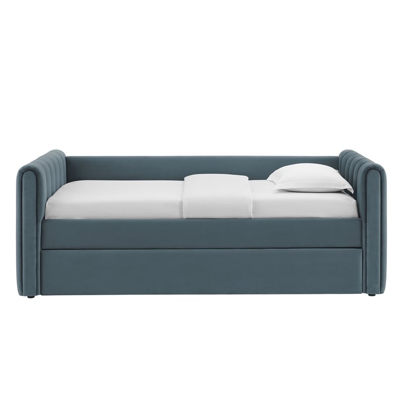 Pemberly Row Channel Tufted Performance Velvet Twin Daybed With Trundle in Blue