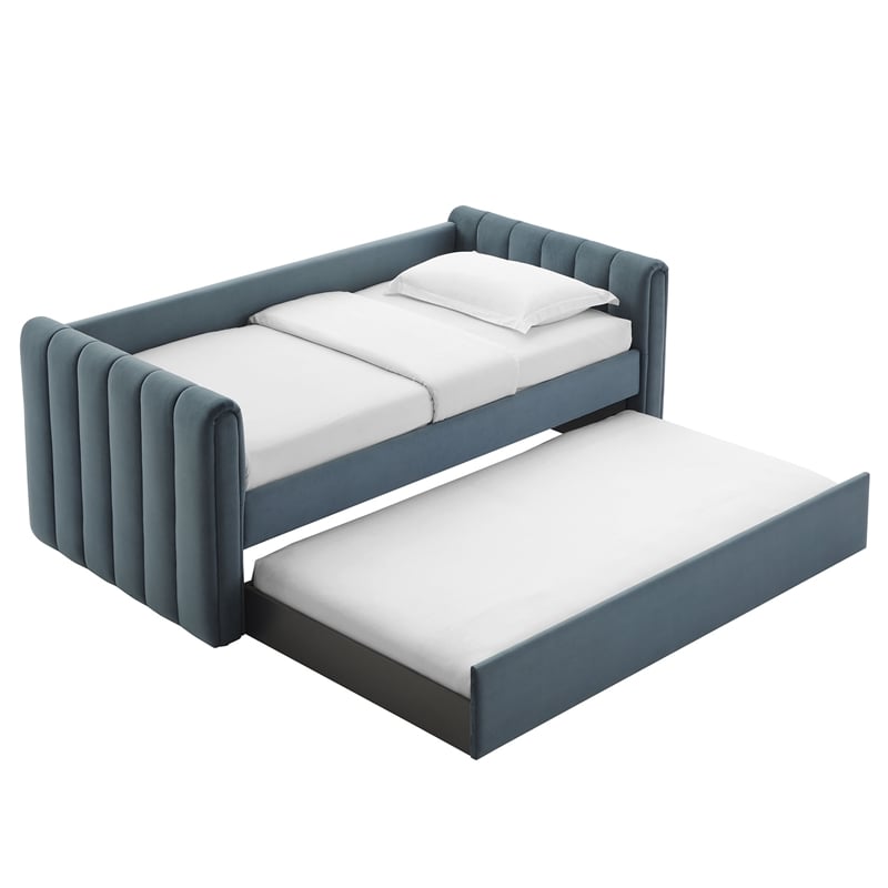 Pemberly Row Channel Tufted Performance Velvet Twin Daybed With Trundle in Blue