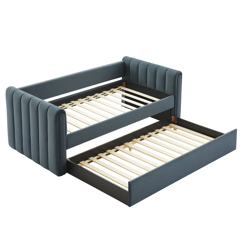 Pemberly Row Channel Tufted Performance Velvet Twin Daybed With Trundle in Blue