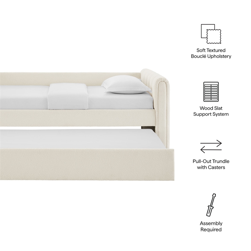 Pemberly Row Channel Tufted Boucle Twin Daybed With Trundle in White