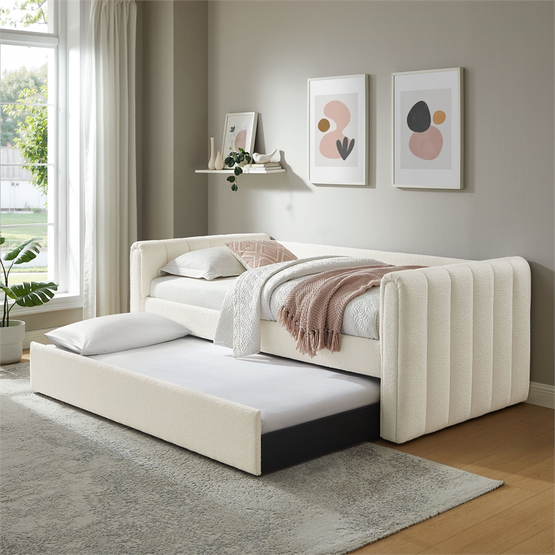 Pemberly Row Channel Tufted Boucle Twin Daybed With Trundle in White