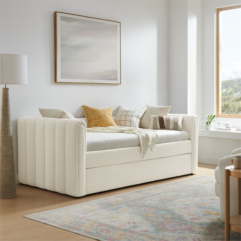 Pemberly Row Channel Tufted Boucle Twin Daybed With Trundle in White