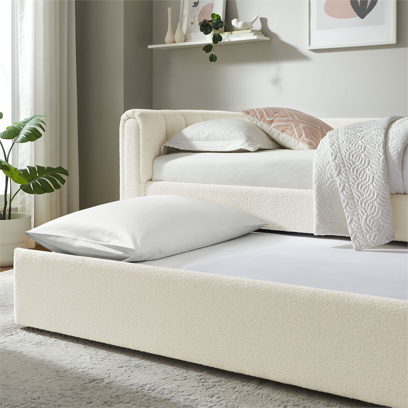 Pemberly Row Channel Tufted Boucle Twin Daybed With Trundle in White
