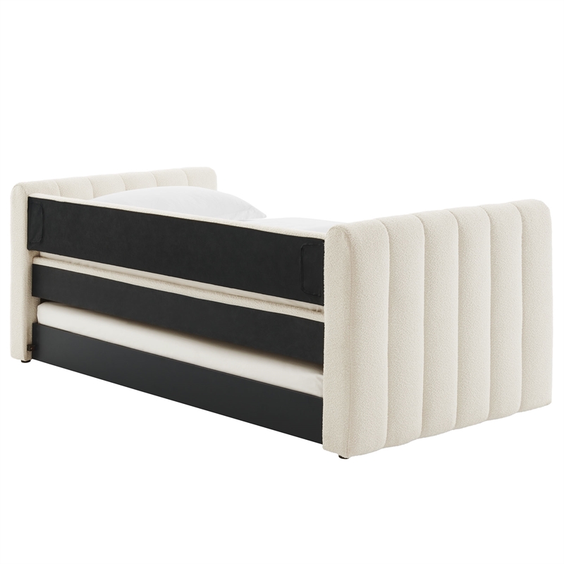 Pemberly Row Channel Tufted Boucle Twin Daybed With Trundle in White