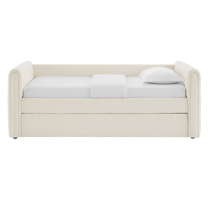 Pemberly Row Channel Tufted Boucle Twin Daybed With Trundle in White