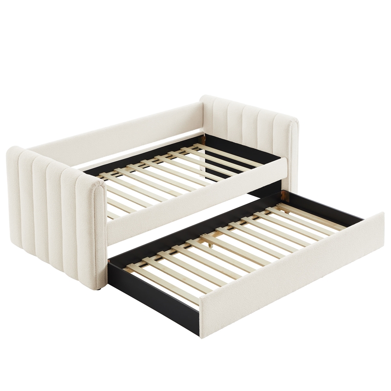 Pemberly Row Channel Tufted Boucle Twin Daybed With Trundle in White