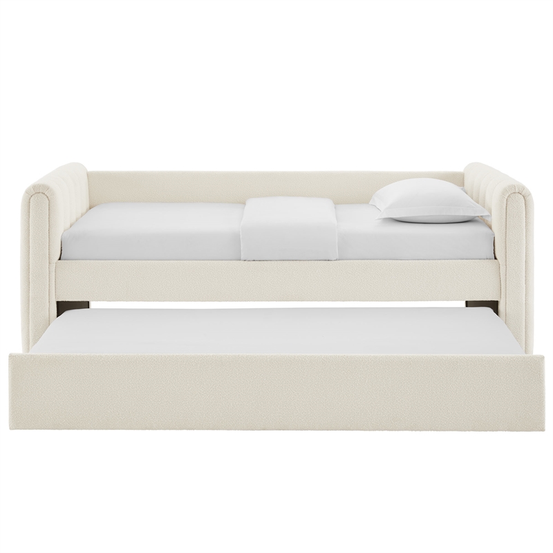 Pemberly Row Channel Tufted Boucle Twin Daybed With Trundle in White
