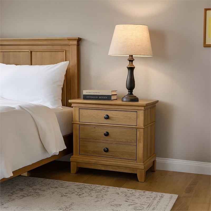 Pemberly Row Wood Nightstand with 3 Drawers-Farmhouse Natural Oak Brown
