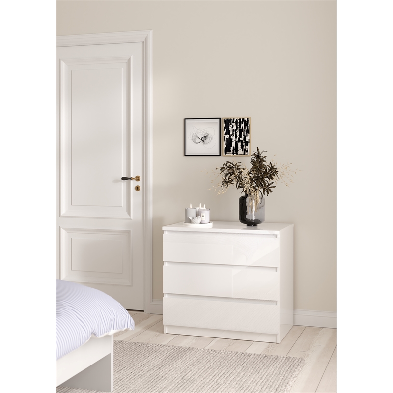 Pemberly Row Contemporary Engineered Wood White High Gloss 3 Drawer Chest