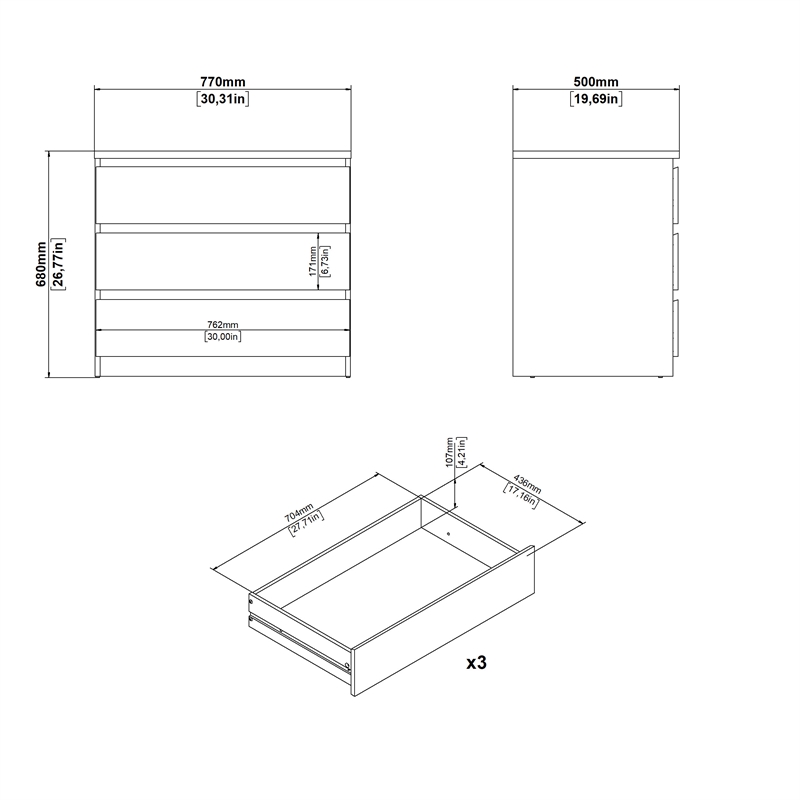Pemberly Row Contemporary Engineered Wood White High Gloss 3 Drawer Chest