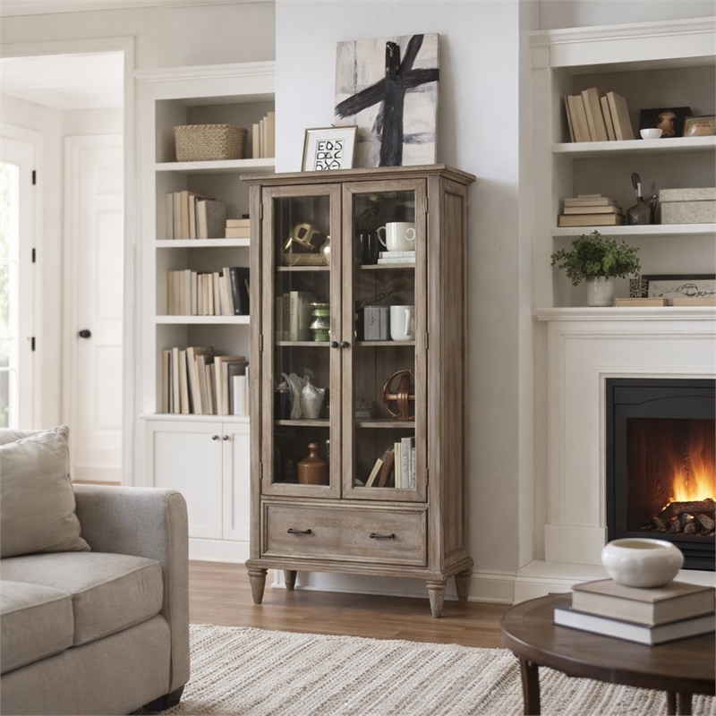 Pemberly Row Dovetail Grey Door Bookcase with Glass Paneled Doors