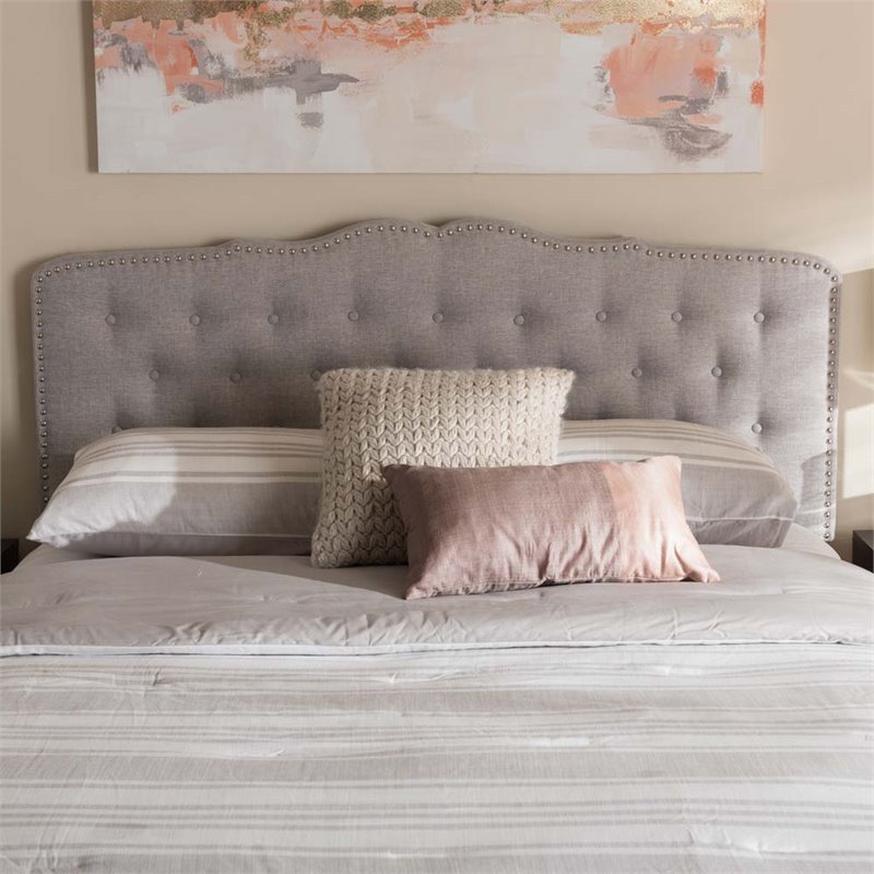 Pemberly Row Contemporary Fabric Tufted Queen Headboard in Grayish Beige