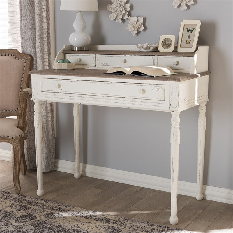 Pemberly Row Modern Engineered Wood Writing Desk in White and Natural