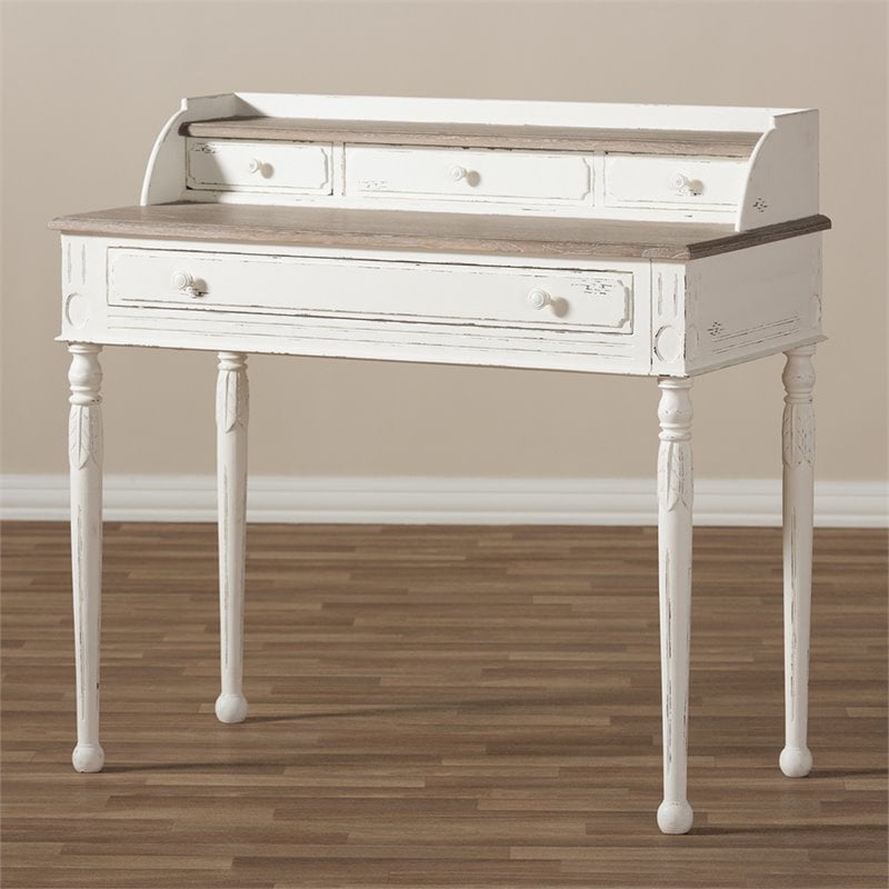 Pemberly Row Modern Engineered Wood Writing Desk in White and Natural