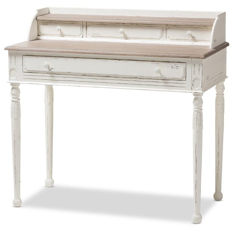 Pemberly Row Modern Engineered Wood Writing Desk in White and Natural