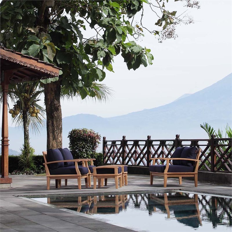 Pemberly Row Modern Wood Outdoor Patio Teak Loveseat in Natural Navy