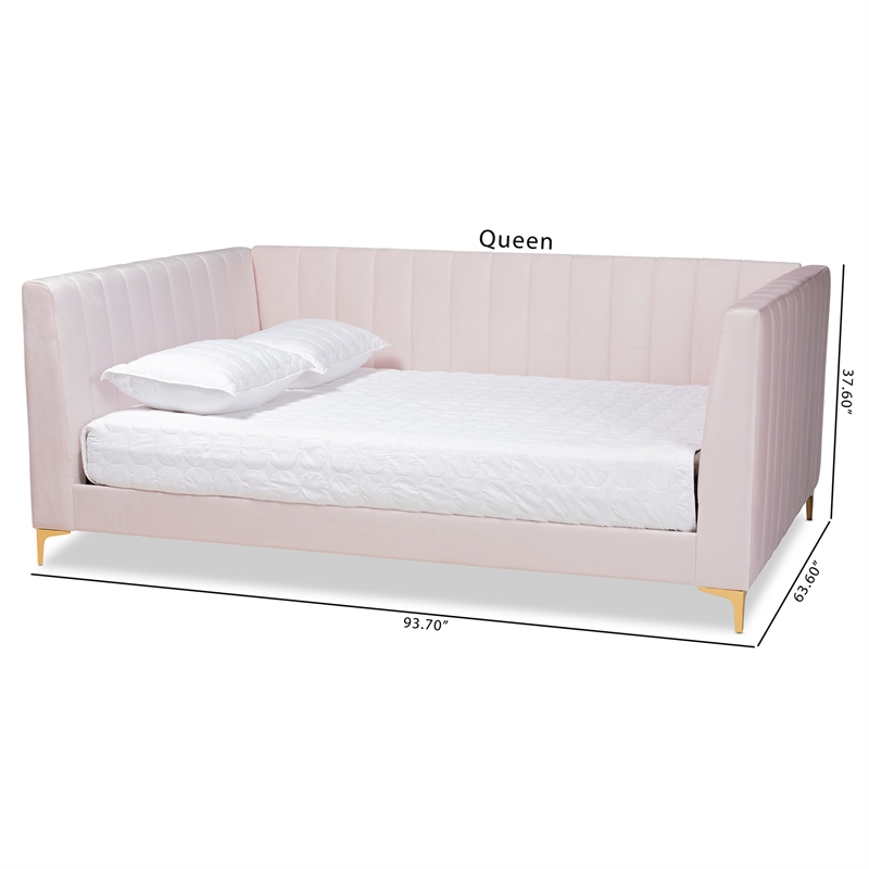 Pemberly Row Modern Pink Velvet Upholstered and Gold Finish Full Size Daybed