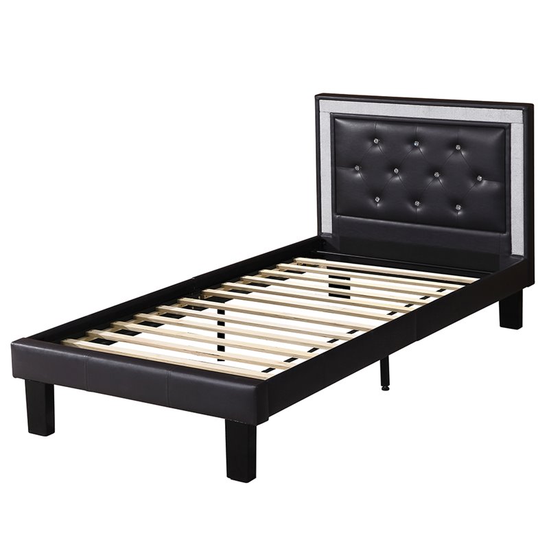 Pemberly Row Modern Twin Faux Leather Bed Frame with Slats in Black