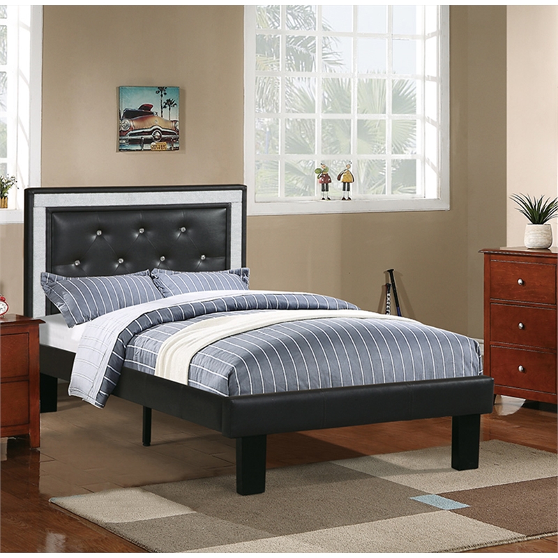 Pemberly Row Modern Twin Faux Leather Bed Frame with Slats in Black