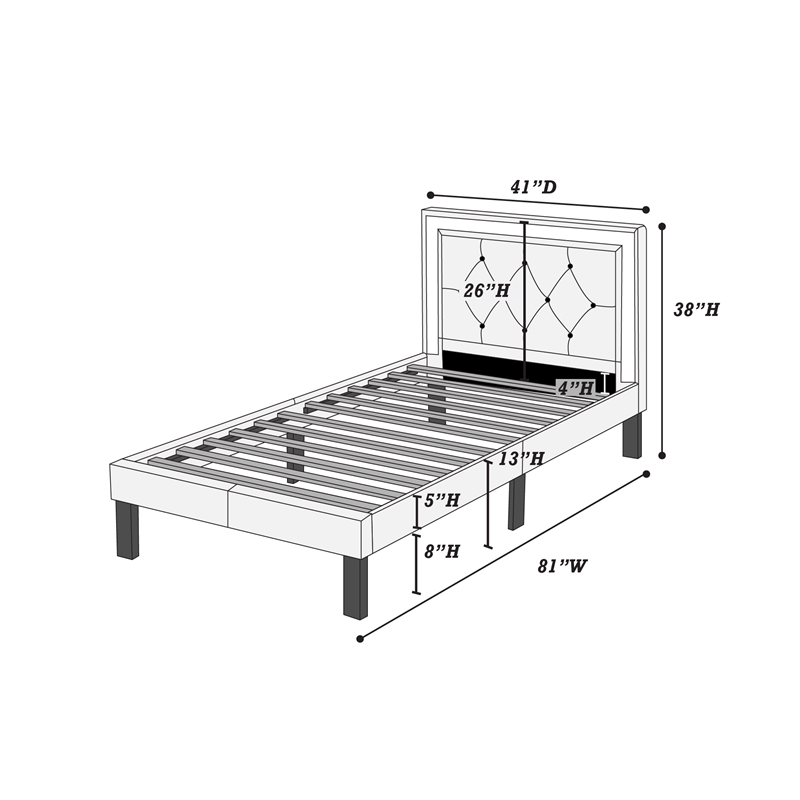 Pemberly Row Modern Twin Faux Leather Bed Frame with Slats in Black