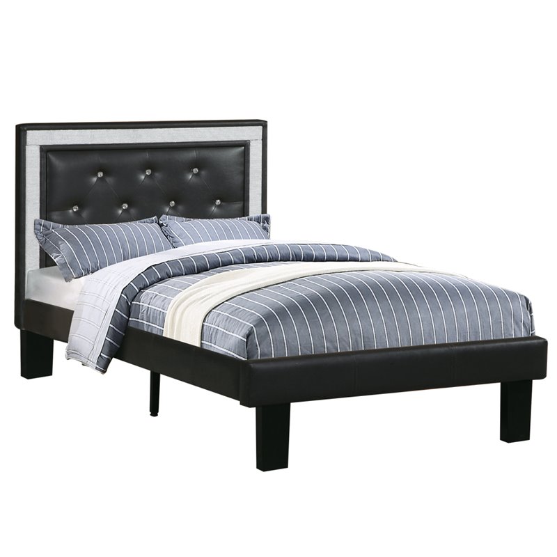Pemberly Row Modern Twin Faux Leather Bed Frame with Slats in Black