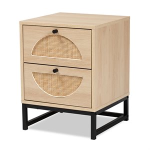 Pemberly Row Modern Brown Wood and Black Metal 2-Drawer End Table with Rattan